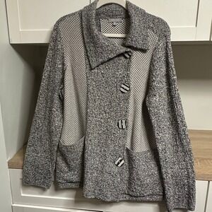 Habitat Cardigan Sweater Womens M Gray Knit Asymmetric Button Front Pockets Art